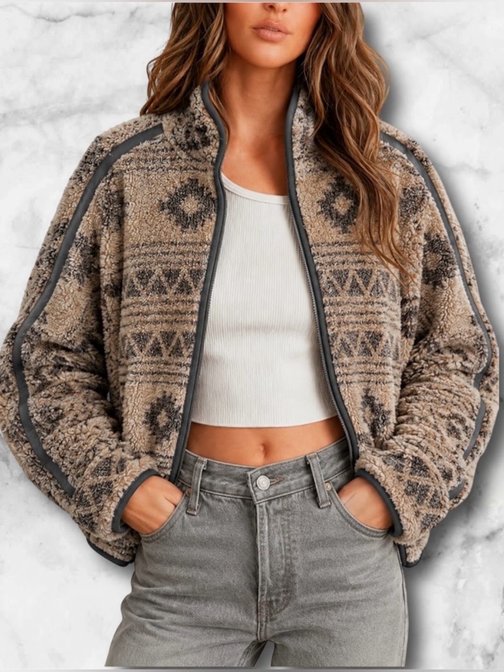 Thread & Supply Aztec Tan Geometric Pattern Teddy Fleece Full Zip Jacket Size M